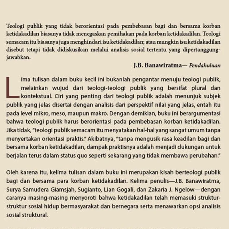 Buku Teologi Publik dan Ketidakadilan - Pembebasan Holistis Bagi dan Bersama Para Korban oleh J.B. Banawiratma